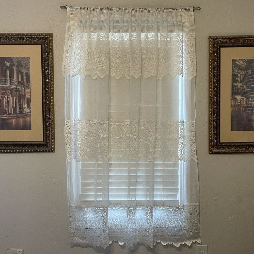 Vtg Lace Curtains Panel w/ Valance 56 W x 64” long French Country Victorian READ